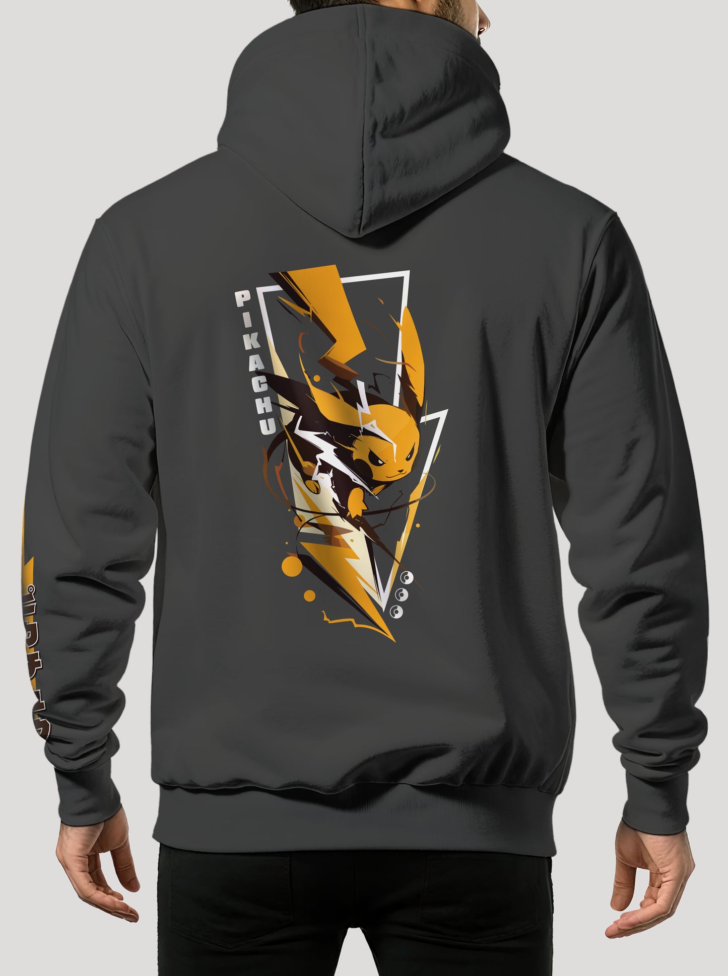 Dark Grey hoodie featuring Pikachu in colour on front and back, made from 100% organic breathable cotton, with an oversized fit when sized up.