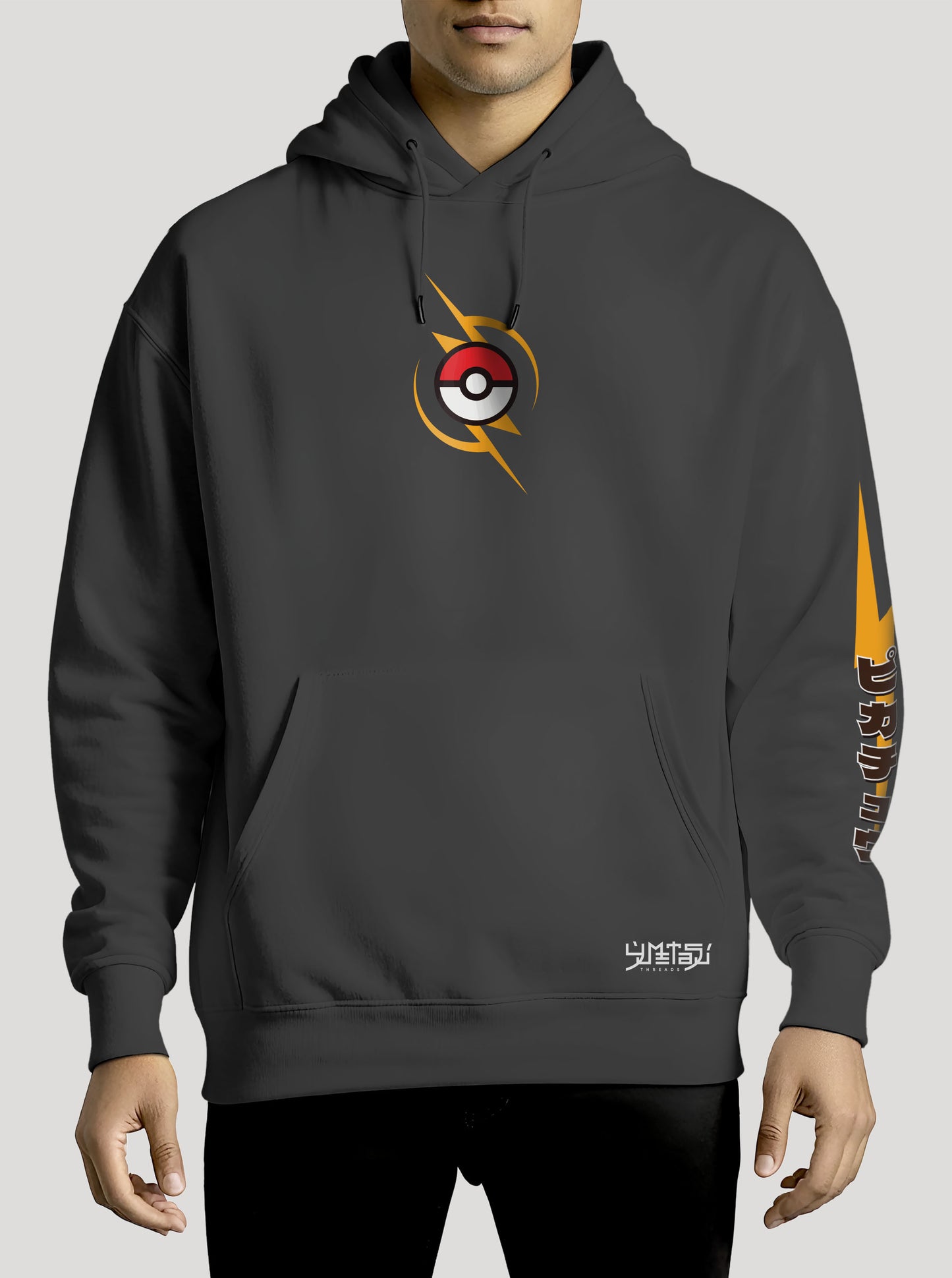 Dark Grey hoodie featuring Pikachu in colour on front and back, made from 100% organic breathable cotton, with an oversized fit when sized up.