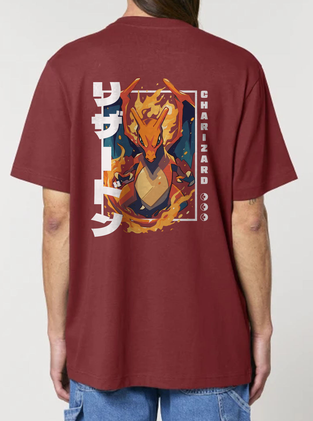 Red t-shirt featuring Charizard in colour on front and back, made from 100% organic breathable cotton, with an oversized fit when sized up.