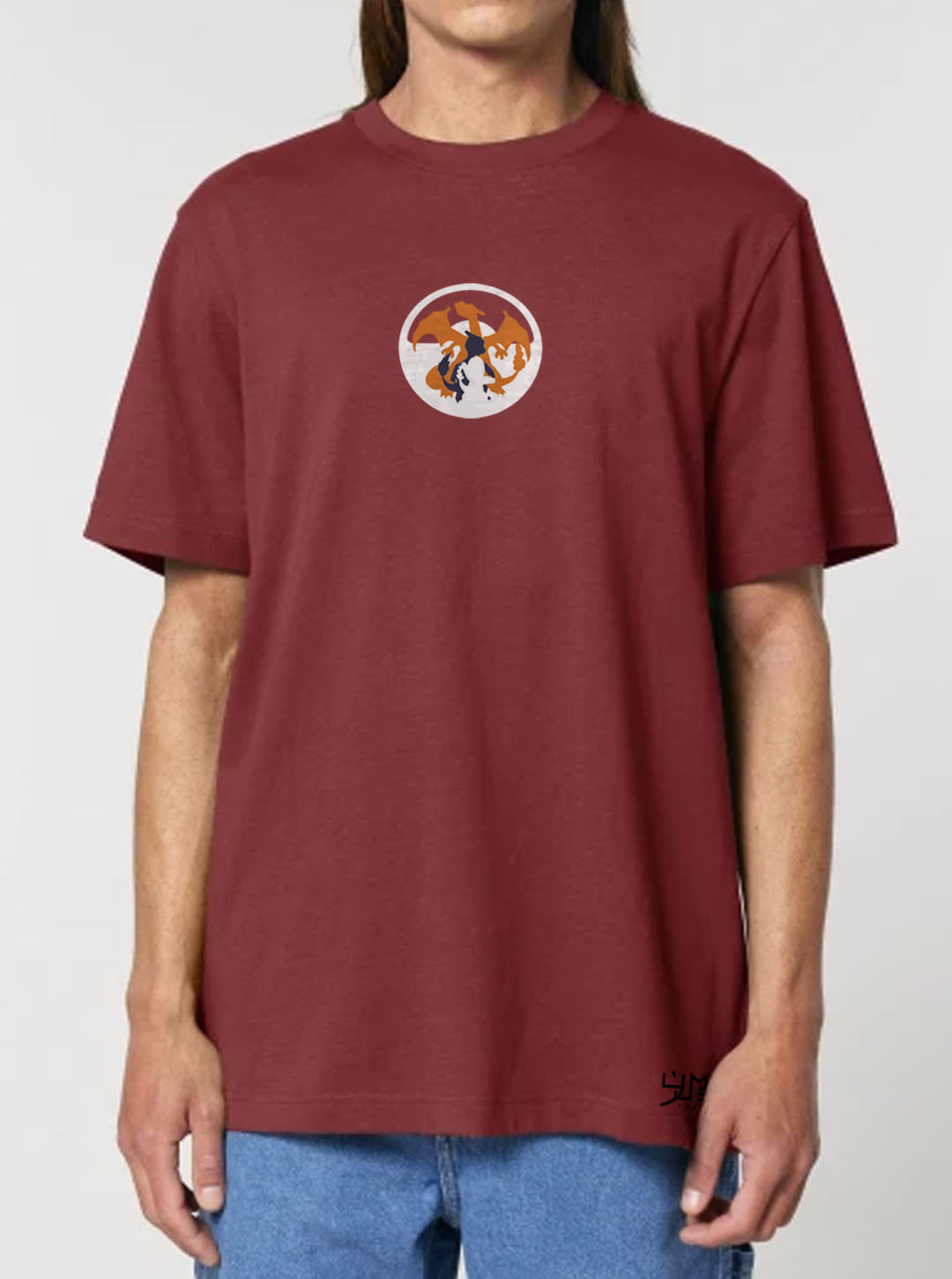 Red t-shirt featuring Charizard in colour on front and back, made from 100% organic breathable cotton, with an oversized fit when sized up.