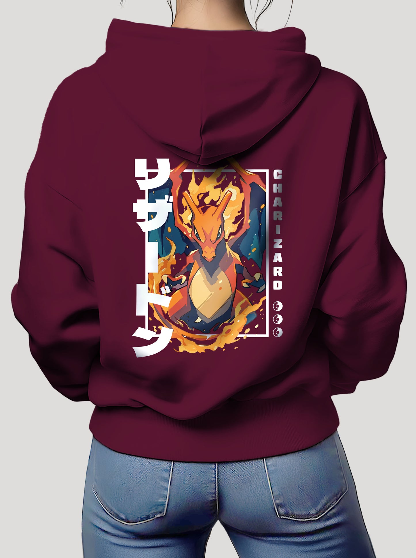 Burgundy hoodie featuring Charizard in colour on front and back, made from 100% organic breathable cotton, with an oversized fit when sized up.