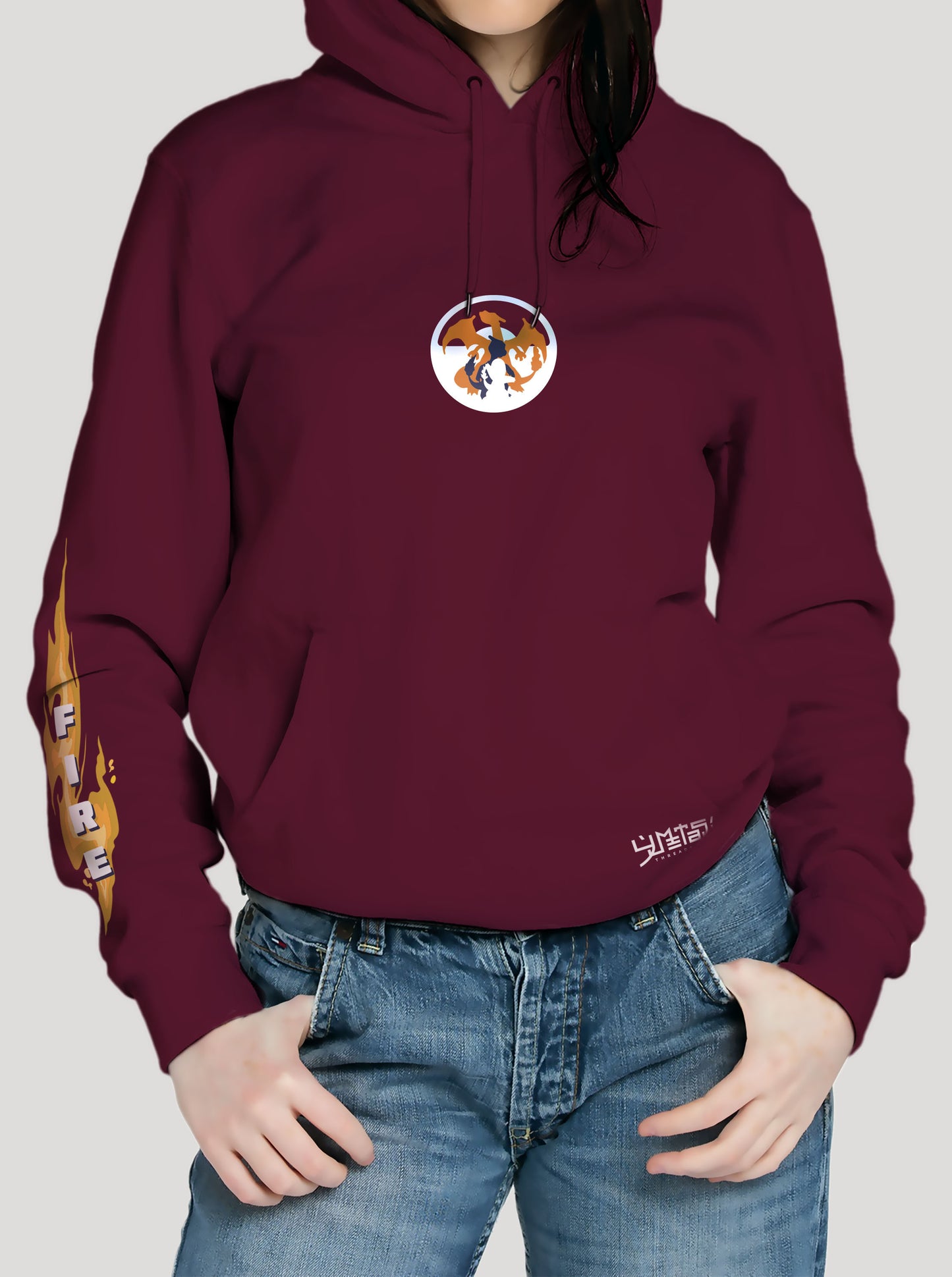 Burgundy hoodie featuring Charizard in colour on front and back, made from 100% organic breathable cotton, with an oversized fit when sized up.