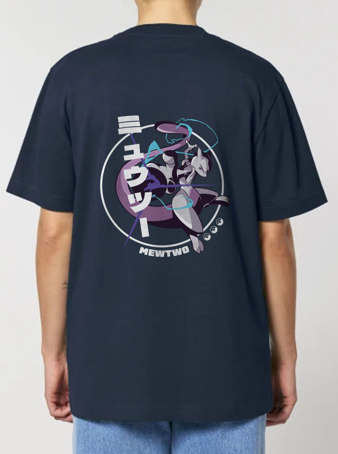 Navy t-shirt featuring MewTwo in colour on front and back, made from 100% organic breathable cotton, with an oversized fit when sized up.