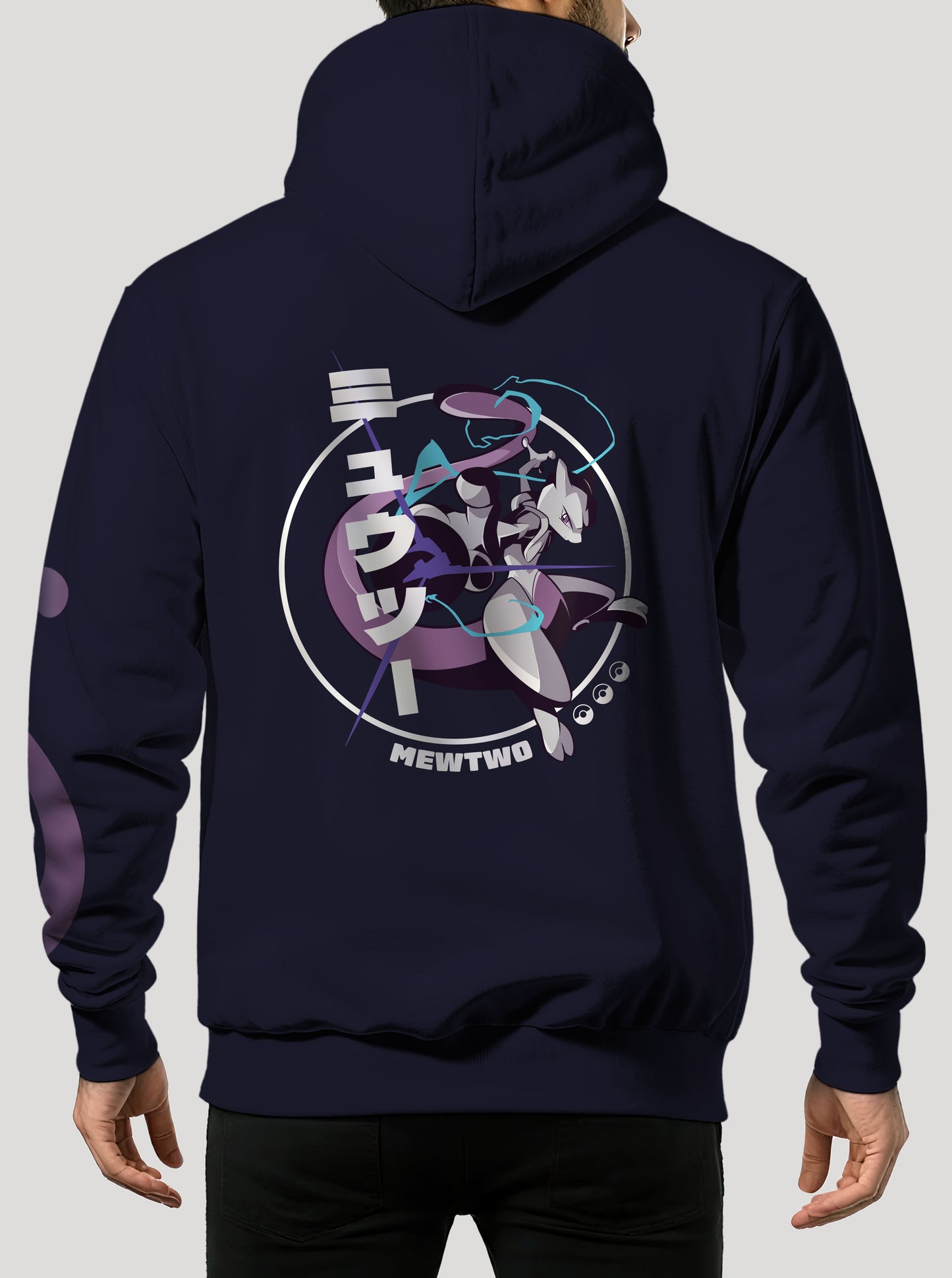 Navy hoodie featuring MewTwo in colour on front and back, made from 100% organic breathable cotton, with an oversized fit when sized up.