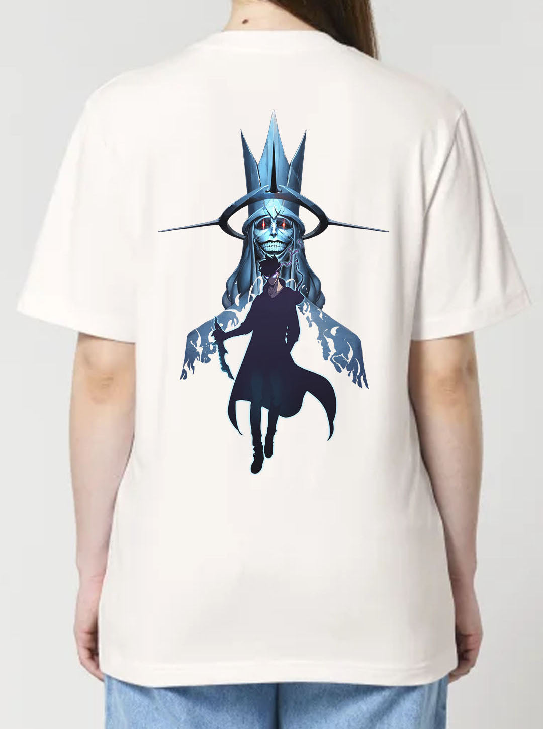 Off White t-shirt featuring Solo Leveling in colour on front and back, made from 100% organic breathable cotton, with an oversized fit when sized up.