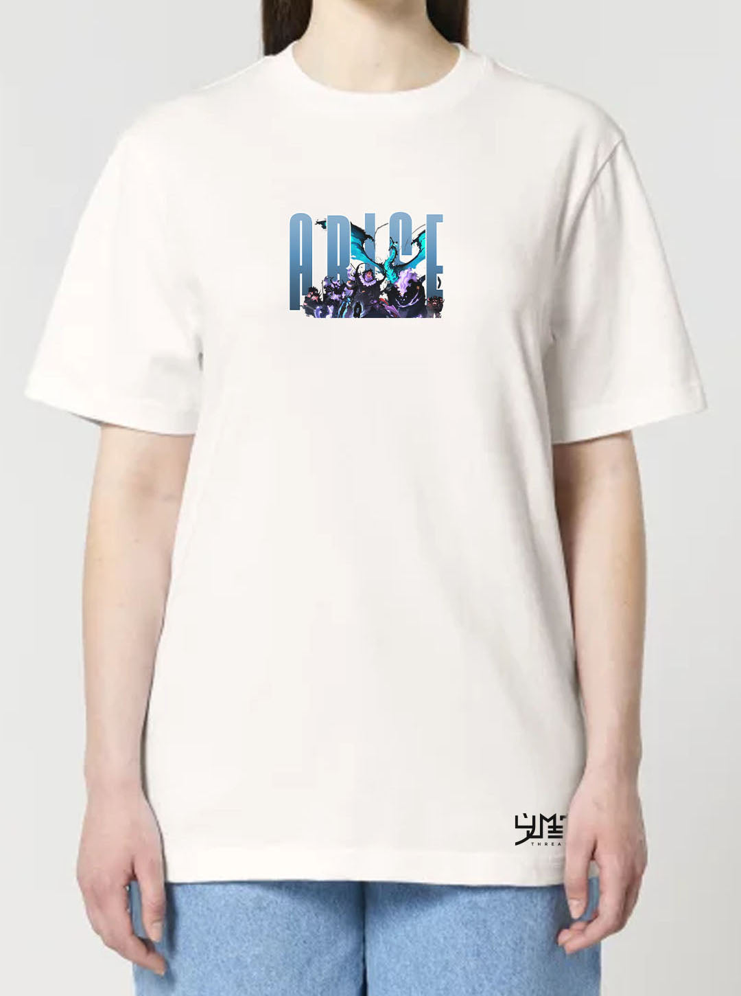 Off White t-shirt featuring Solo Leveling in colour on front and back, made from 100% organic breathable cotton, with an oversized fit when sized up.