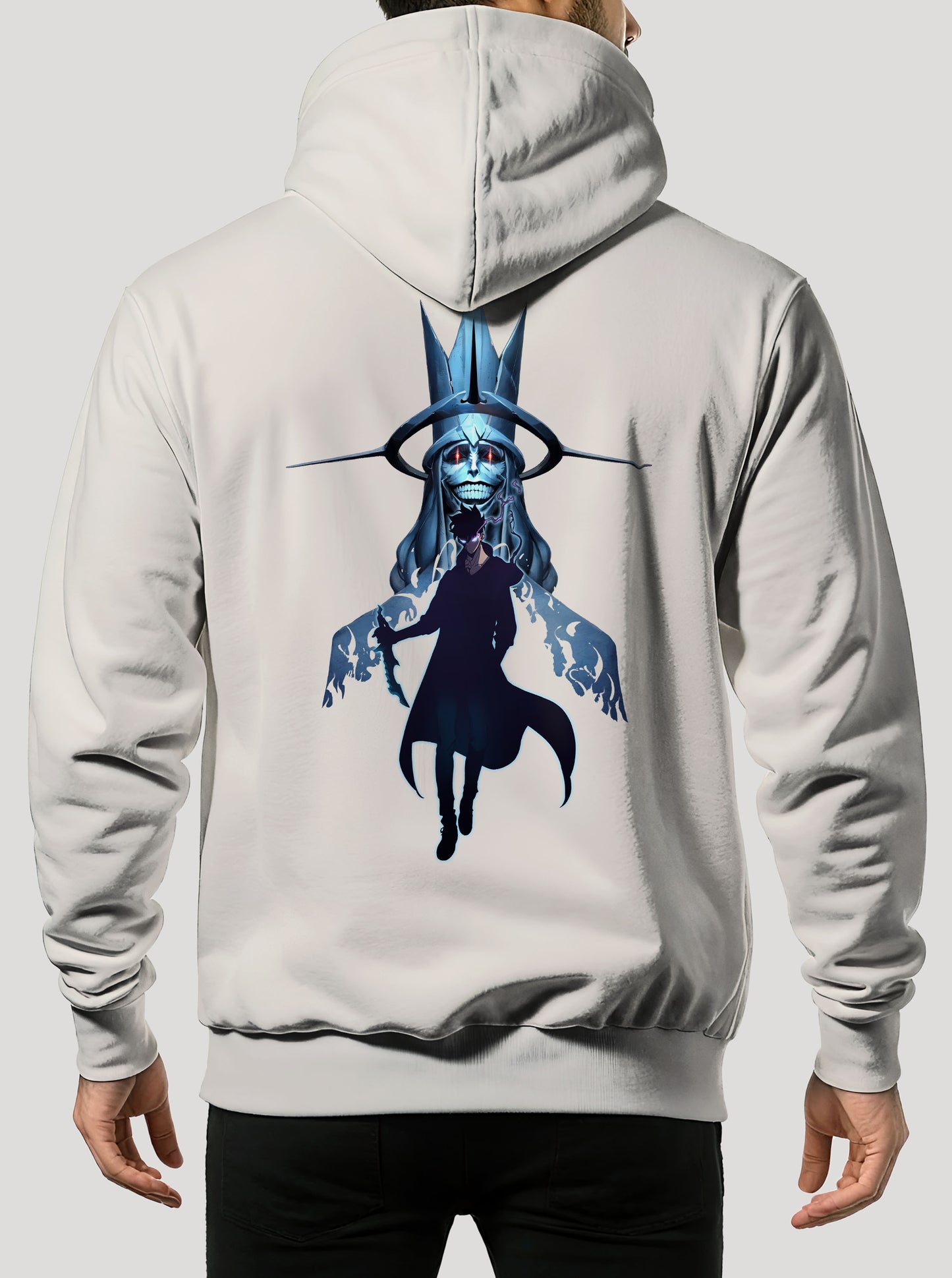 Off White hoodie featuring Solo Leveling in colour on front and back, made from 100% organic breathable cotton, with an oversized fit when sized up.