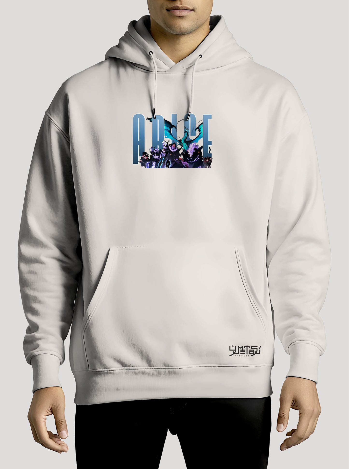 Off White hoodie featuring Solo Leveling in colour on front and back, made from 100% organic breathable cotton, with an oversized fit when sized up.