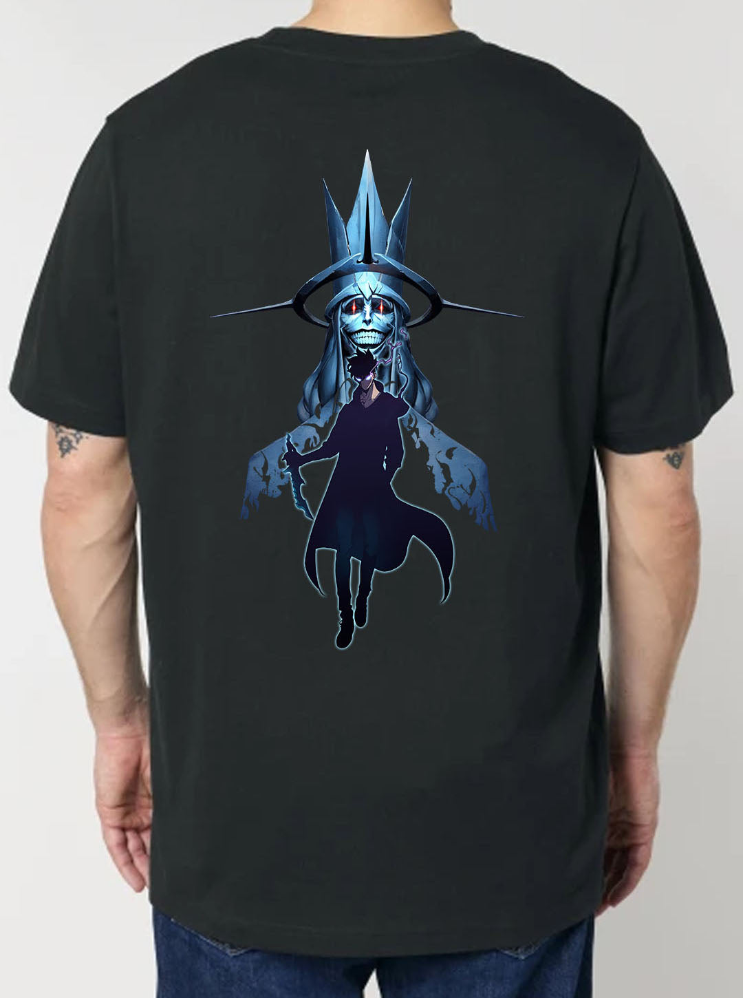 Black t-shirt featuring Solo Leveling in colour on front and back, made from 100% organic breathable cotton, with an oversized fit when sized up.
