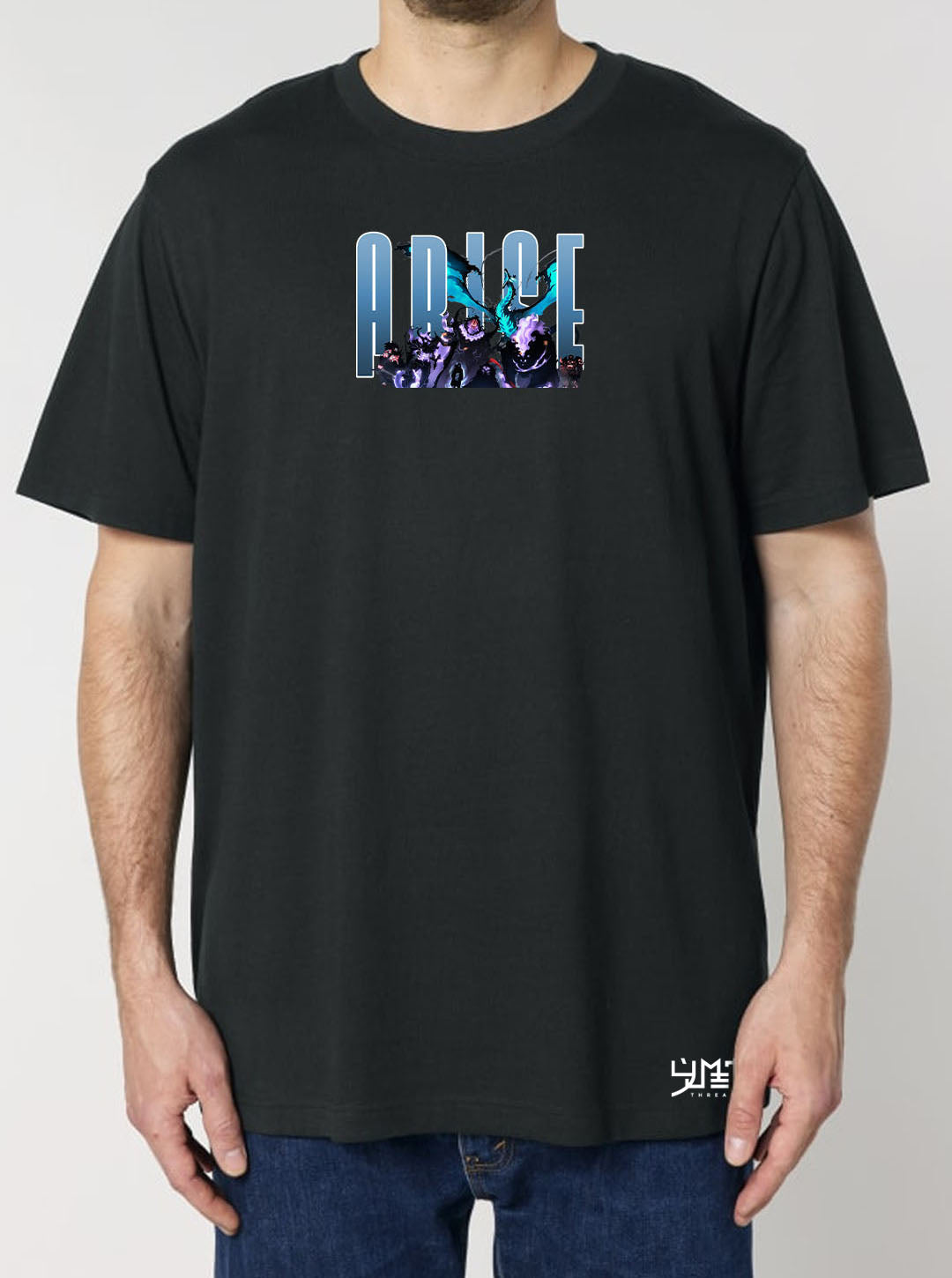Black t-shirt featuring Solo Leveling in colour on front and back, made from 100% organic breathable cotton, with an oversized fit when sized up.