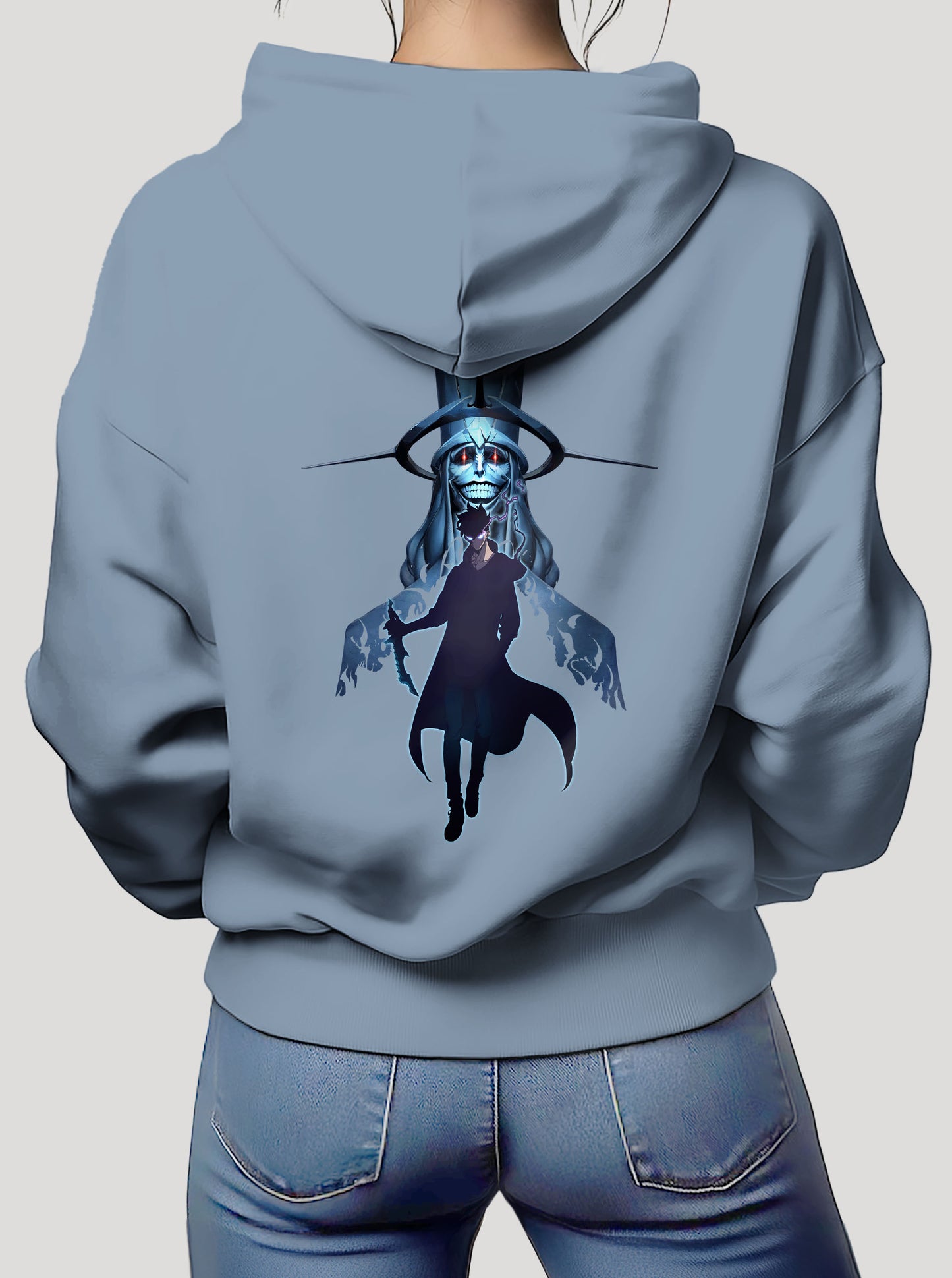 Mineral Blue hoodie featuring Solo Leveling in colour on front and back, made from 100% organic breathable cotton, with an oversized fit when sized up.