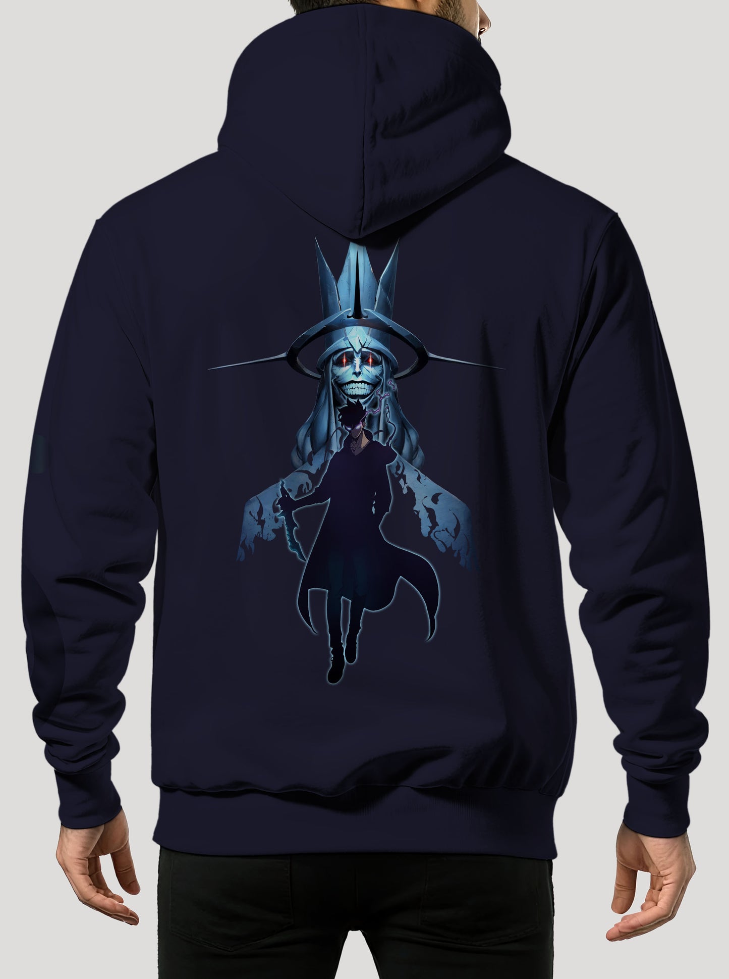 Navy hoodie featuring Solo Leveling in colour on front and back, made from 100% organic breathable cotton, with an oversized fit when sized up.