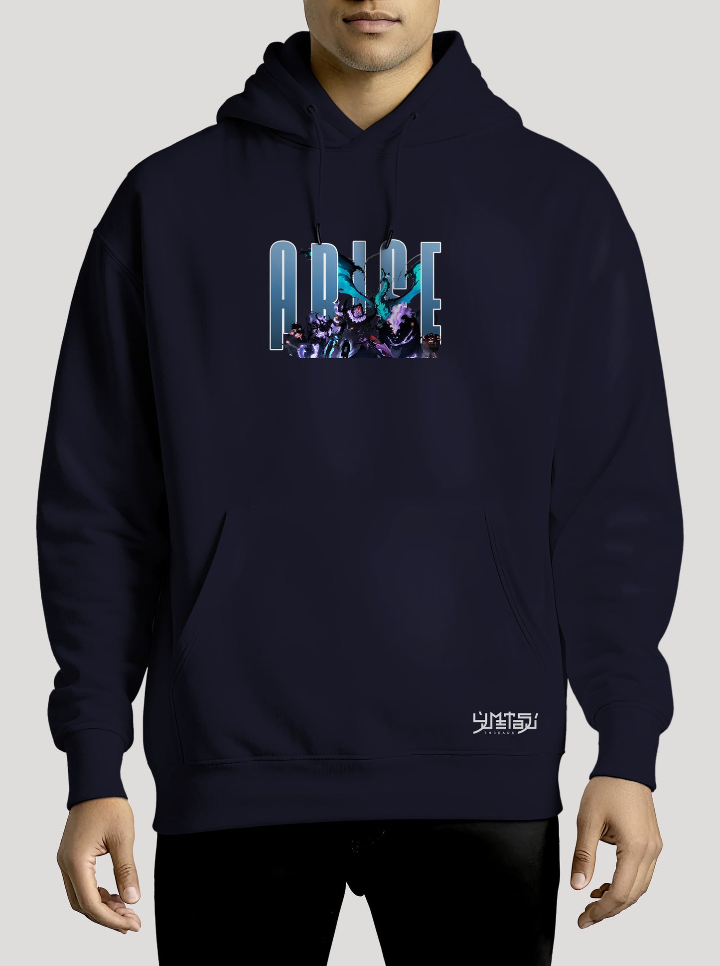 Navy hoodie featuring Solo Leveling in colour on front and back, made from 100% organic breathable cotton, with an oversized fit when sized up.