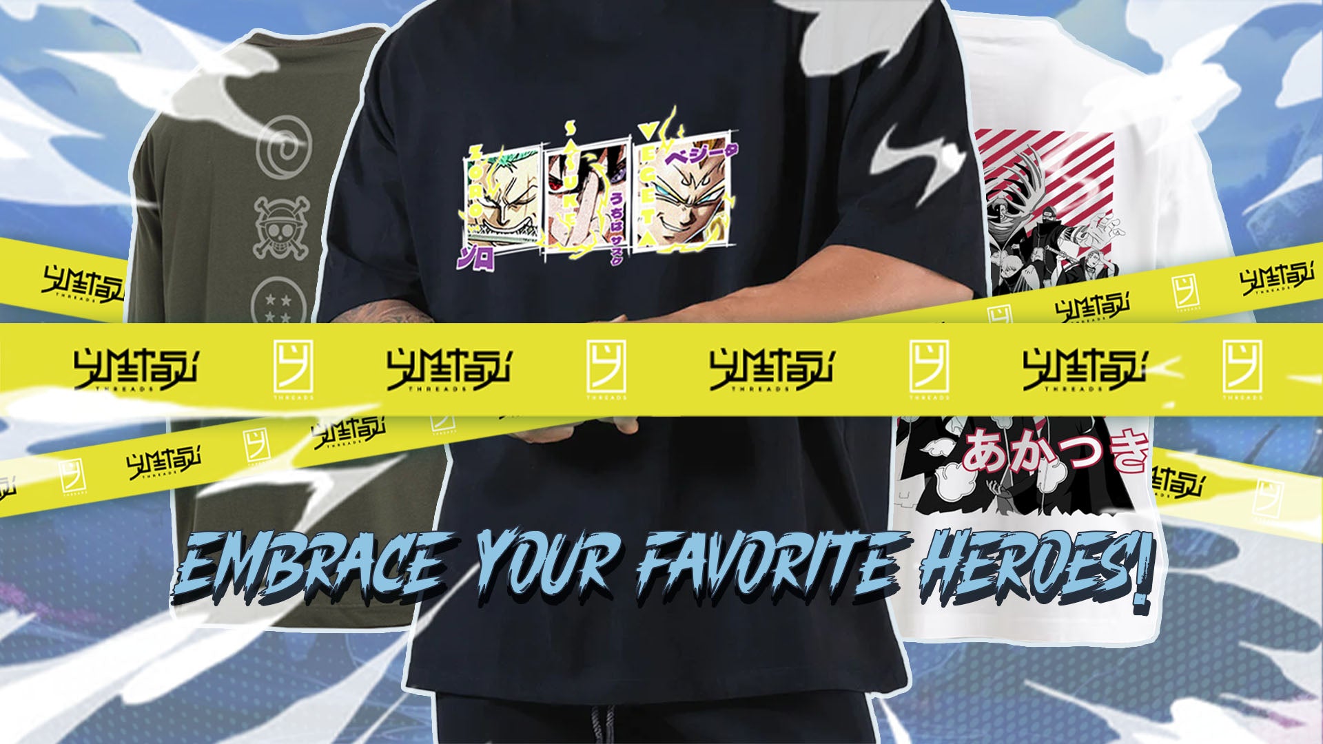 Shop banner featuring anime-inspired clothing with popular character prints including t-shirts.