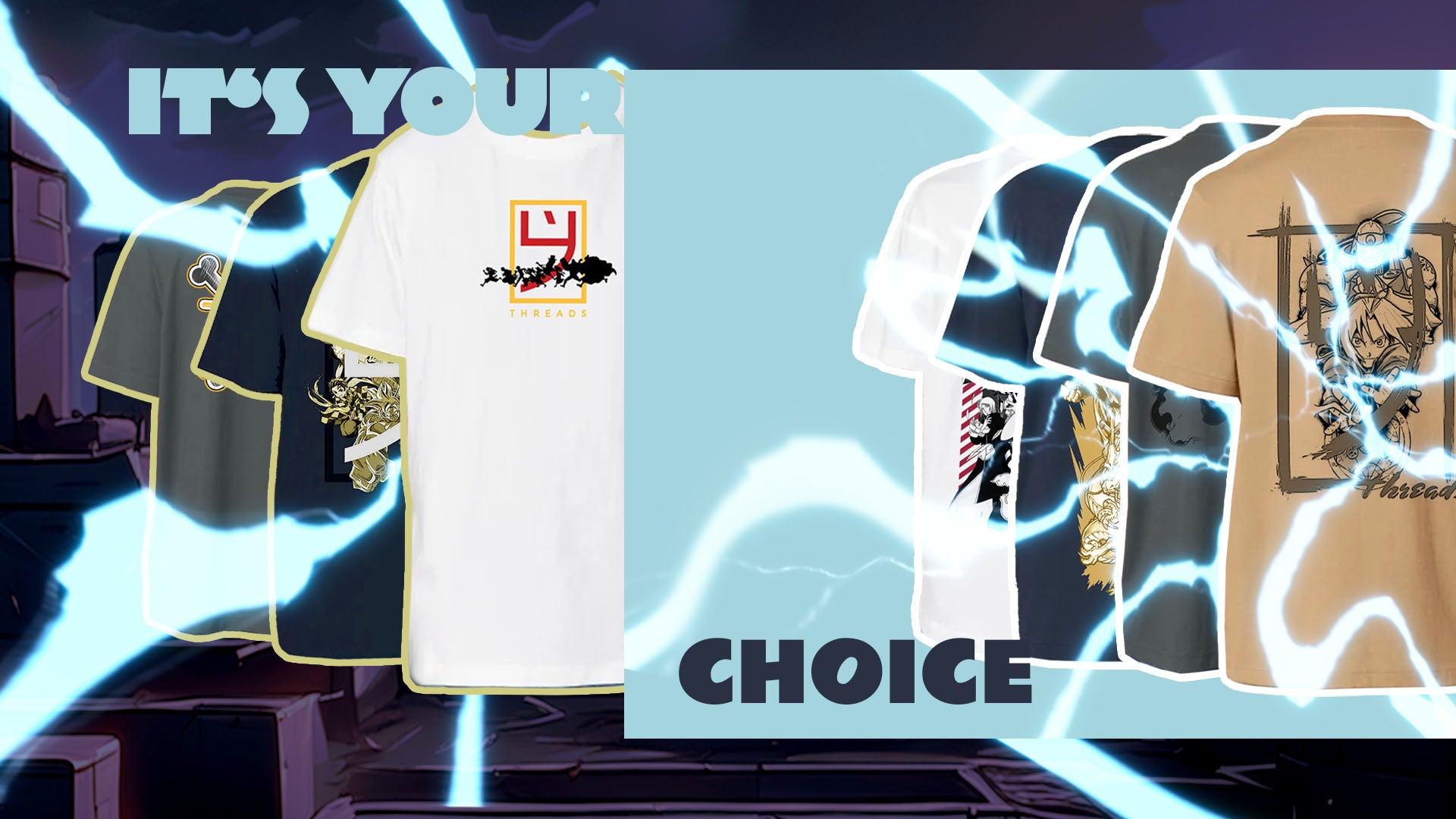 Shop banner featuring anime-inspired clothing with popular character prints including t-shirts.