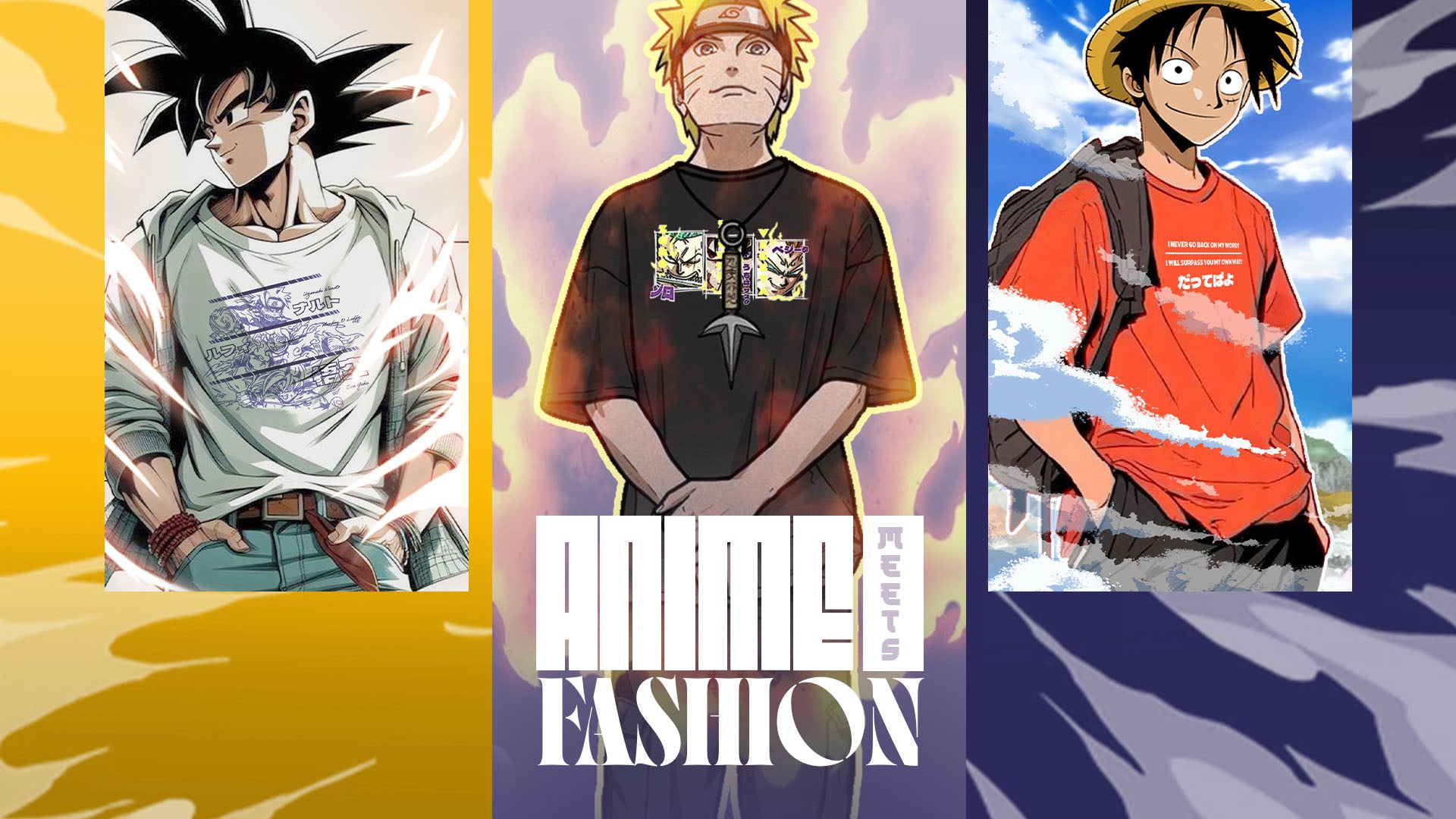 Shop banner featuring anime-inspired clothing with popular character prints including t-shirts.