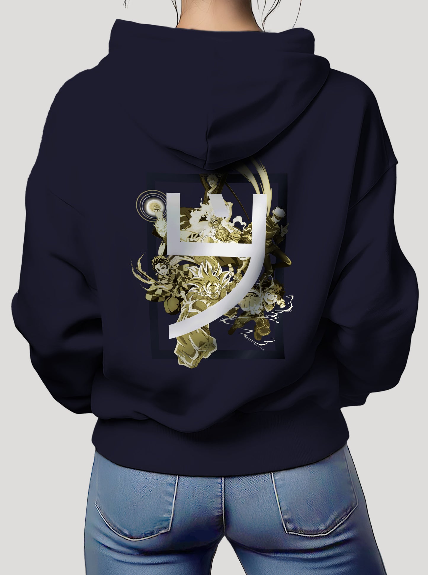 Navy Hoodie featuring best Anime Characters mash up prints in yellow colours on back with Brand logo embroidered on front, made from 100% organic breathable cotton, with an oversized fit when sized up.