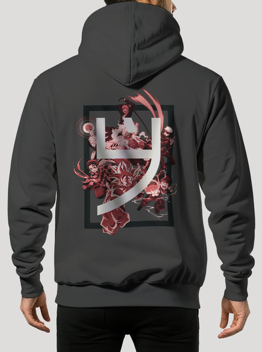 Dark Grey Hoodie featuring best Anime Characters mash up prints in red colours on back with Brand logo embroidered on front, made from 100% organic breathable cotton, with an oversized fit when sized up.