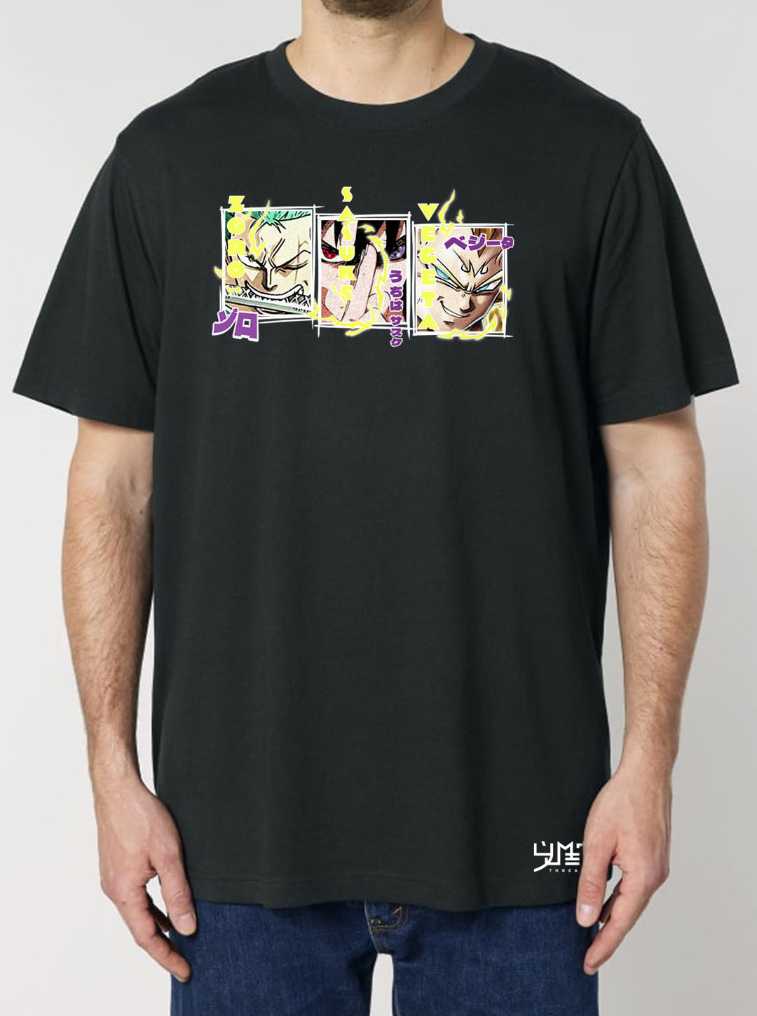 Black t-shirt featuring best Zoro, Sasuke and Vegeta prints in original colours on front and back, made from 100% organic breathable cotton, with an oversized fit when sized up.