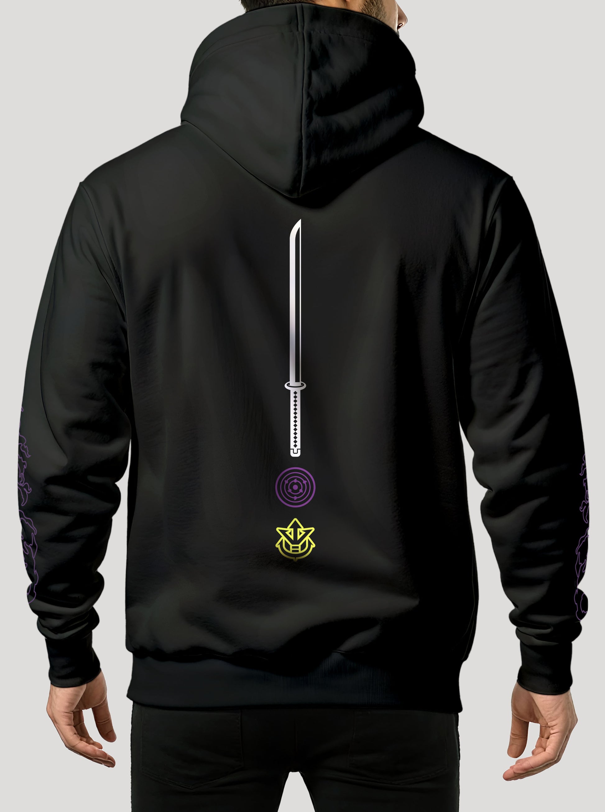 Black hoodie featuring best Zoro, Sasuke and Vegeta prints in original colours on front and back, made from 100% organic breathable cotton, with an oversized fit when sized up.