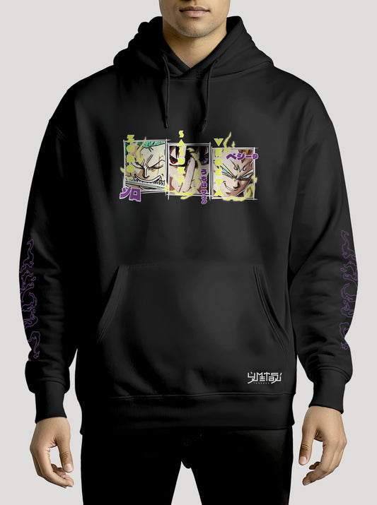 Black hoodie featuring best Zoro, Sasuke and Vegeta prints in original colours on front and back, made from 100% organic breathable cotton, with an oversized fit when sized up.