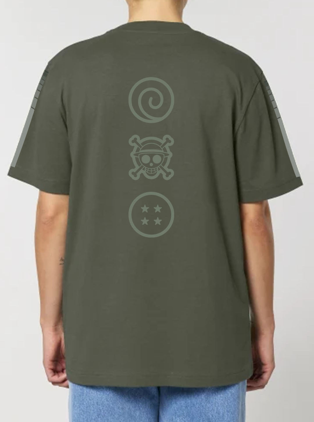 Khaki t-shirt featuring Naruto, Luffy and Goku prints in dark green on front and back, made from 100% organic breathable cotton, with an oversized fit when sized up.