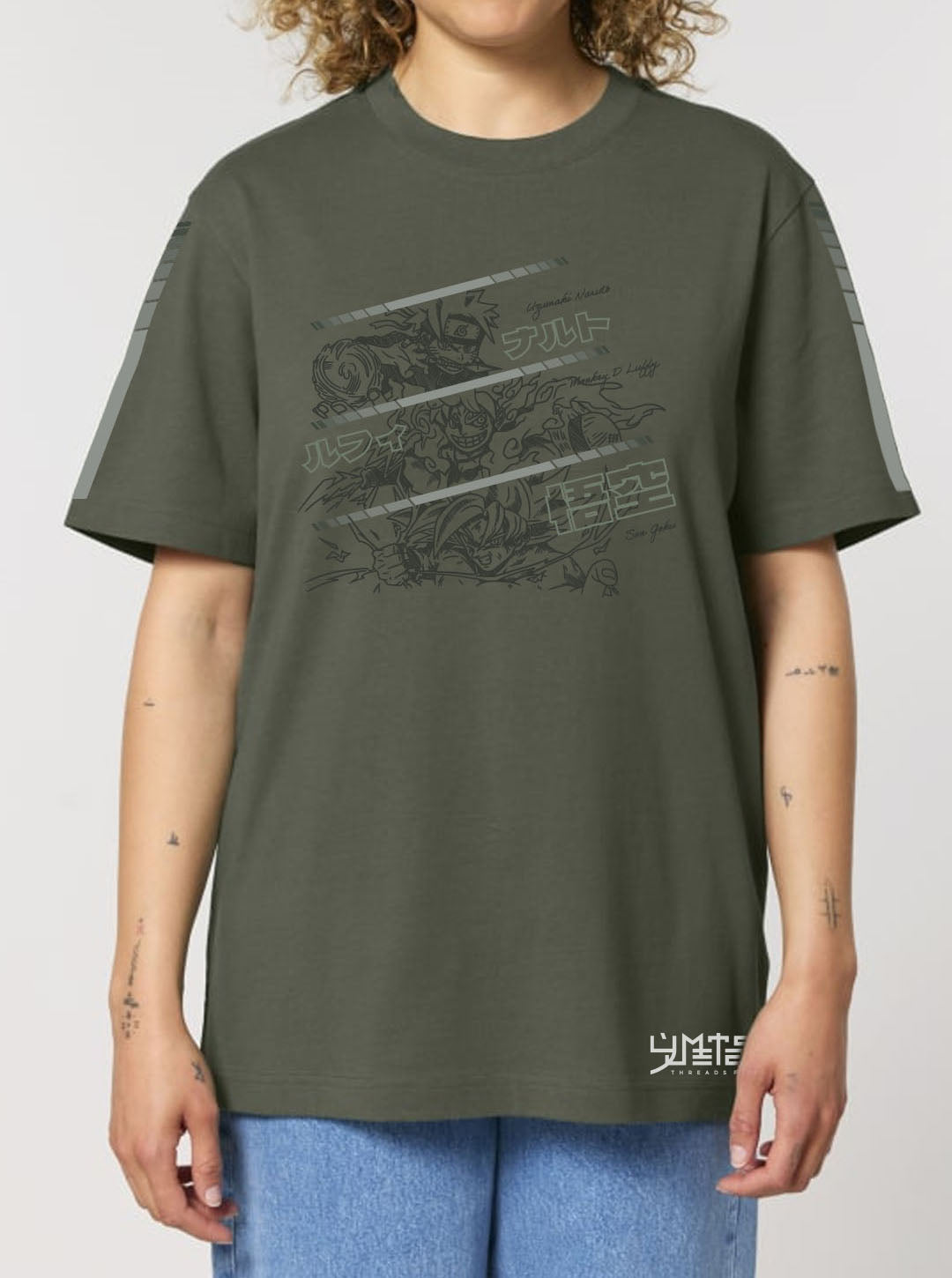 Khaki t-shirt featuring Naruto, Luffy and Goku prints in dark green on front and back, made from 100% organic breathable cotton, with an oversized fit when sized up.