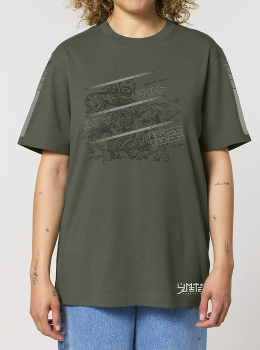 Khaki t-shirt featuring Naruto, Luffy and Goku prints in dark green on front and back, made from 100% organic breathable cotton, with an oversized fit when sized up.