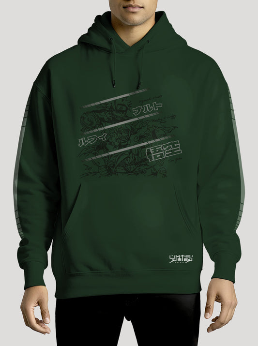 Green hoodie featuring Naruto, Luffy and Goku prints in dark green on front and back, made from 100% organic breathable cotton, with an oversized fit when sized up.
