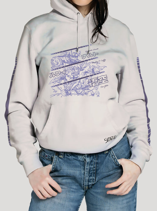 Off White hoodie featuring Naruto, Luffy and Goku prints in blue on front and back, made from 100% organic breathable cotton, with an oversized fit when sized up.