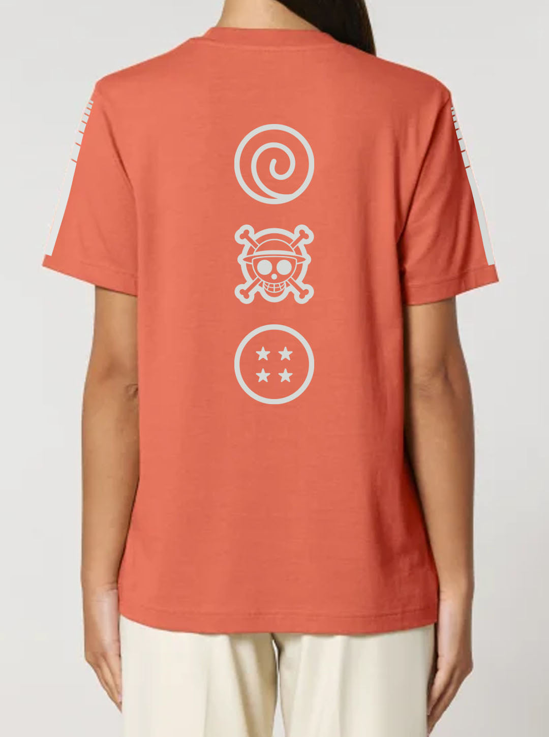 Orange t-shirt featuring Naruto, Luffy and Goku prints in white on front and back, made from 100% organic breathable cotton, with an oversized fit when sized up.