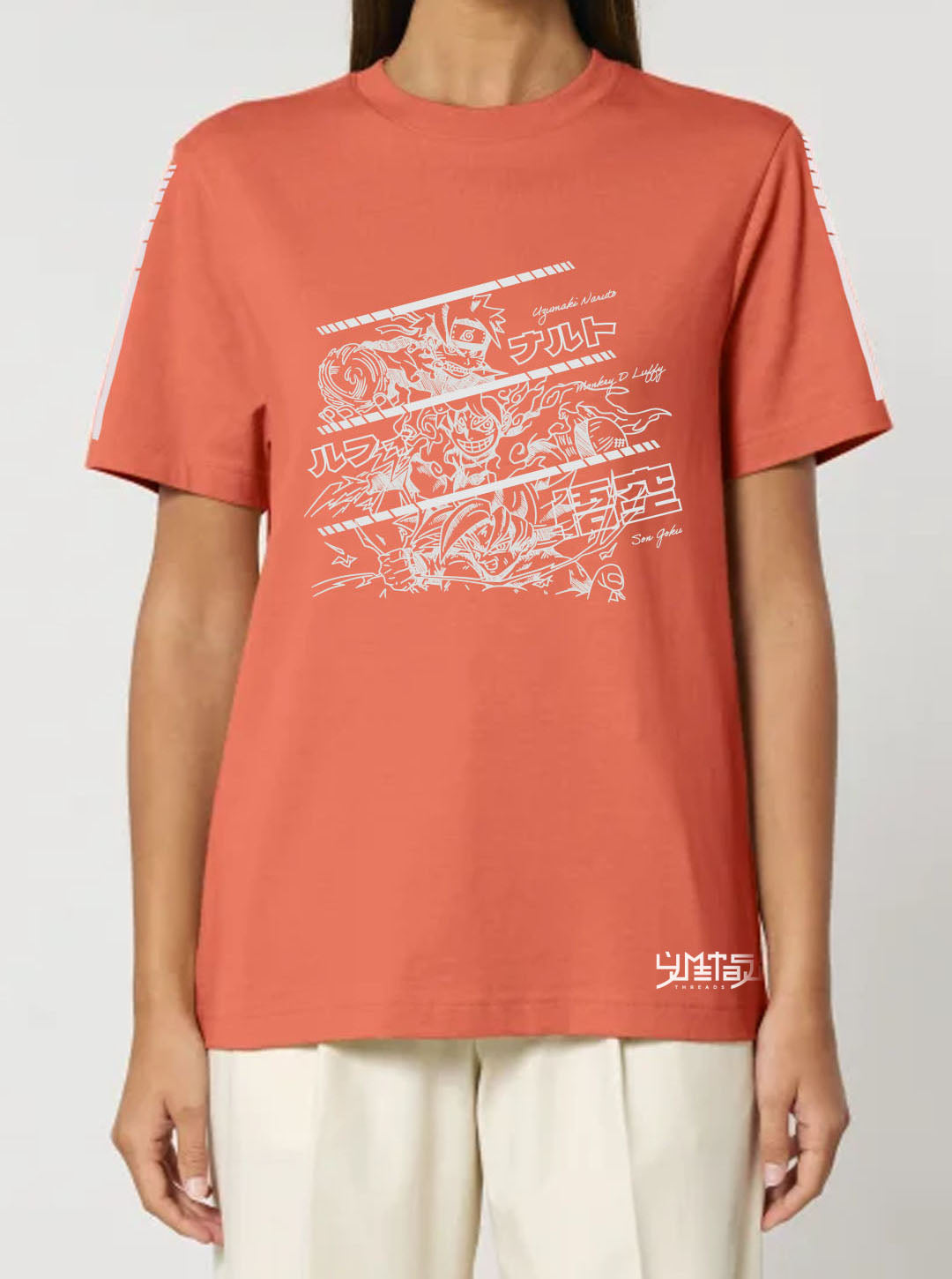 Orange t-shirt featuring Naruto, Luffy and Goku prints in white on front and back, made from 100% organic breathable cotton, with an oversized fit when sized up.