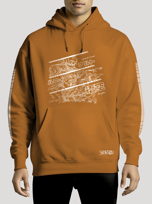 Orange hoodie featuring Naruto, Luffy and Goku prints in white on front and back, made from 100% organic breathable cotton, with an oversized fit when sized up.