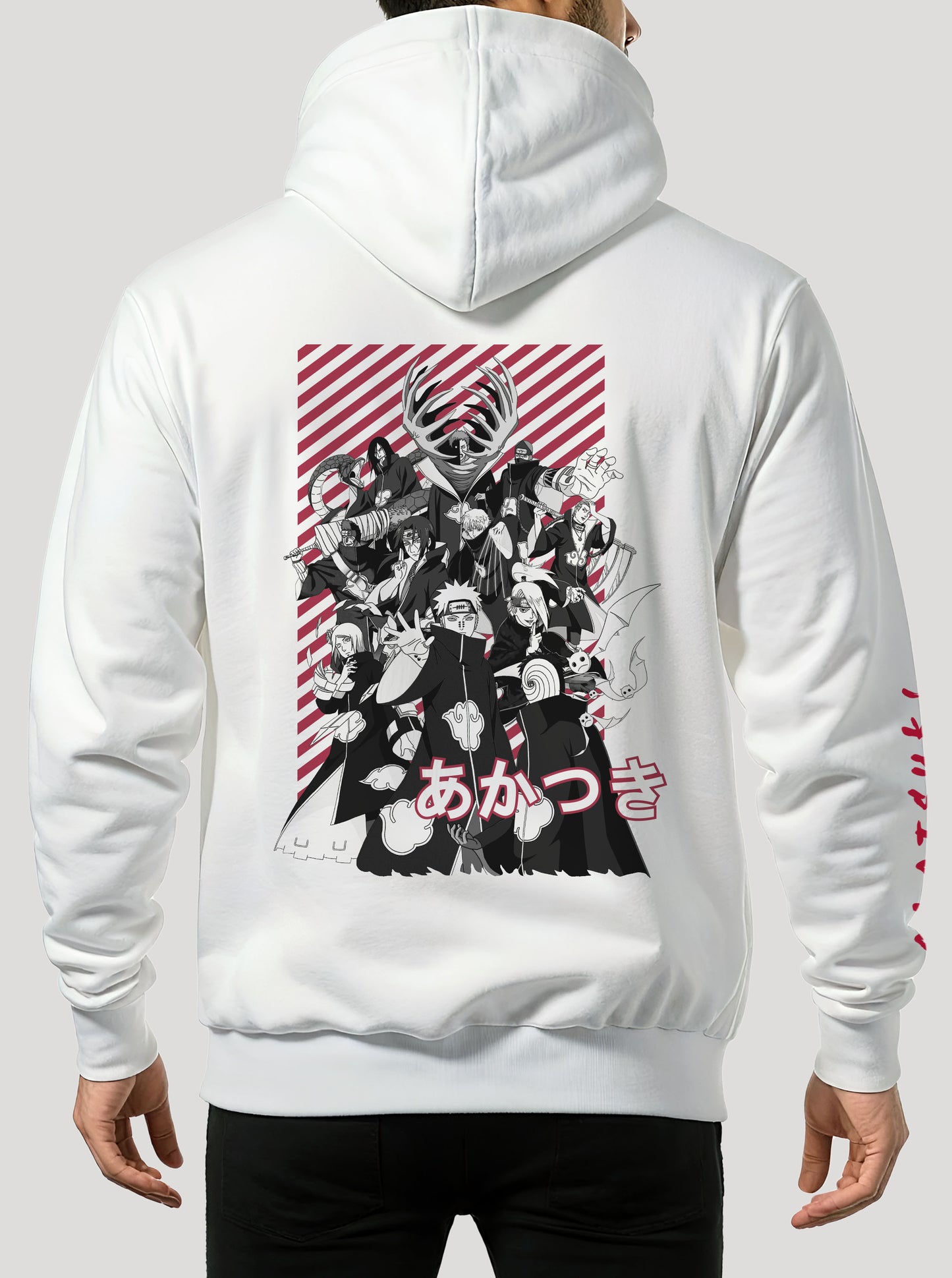 White hoodie featuring the Akatsuki  group from Naruto prints in red and white colours on front and back, made from 100% organic breathable cotton, with an oversized fit when sized up.