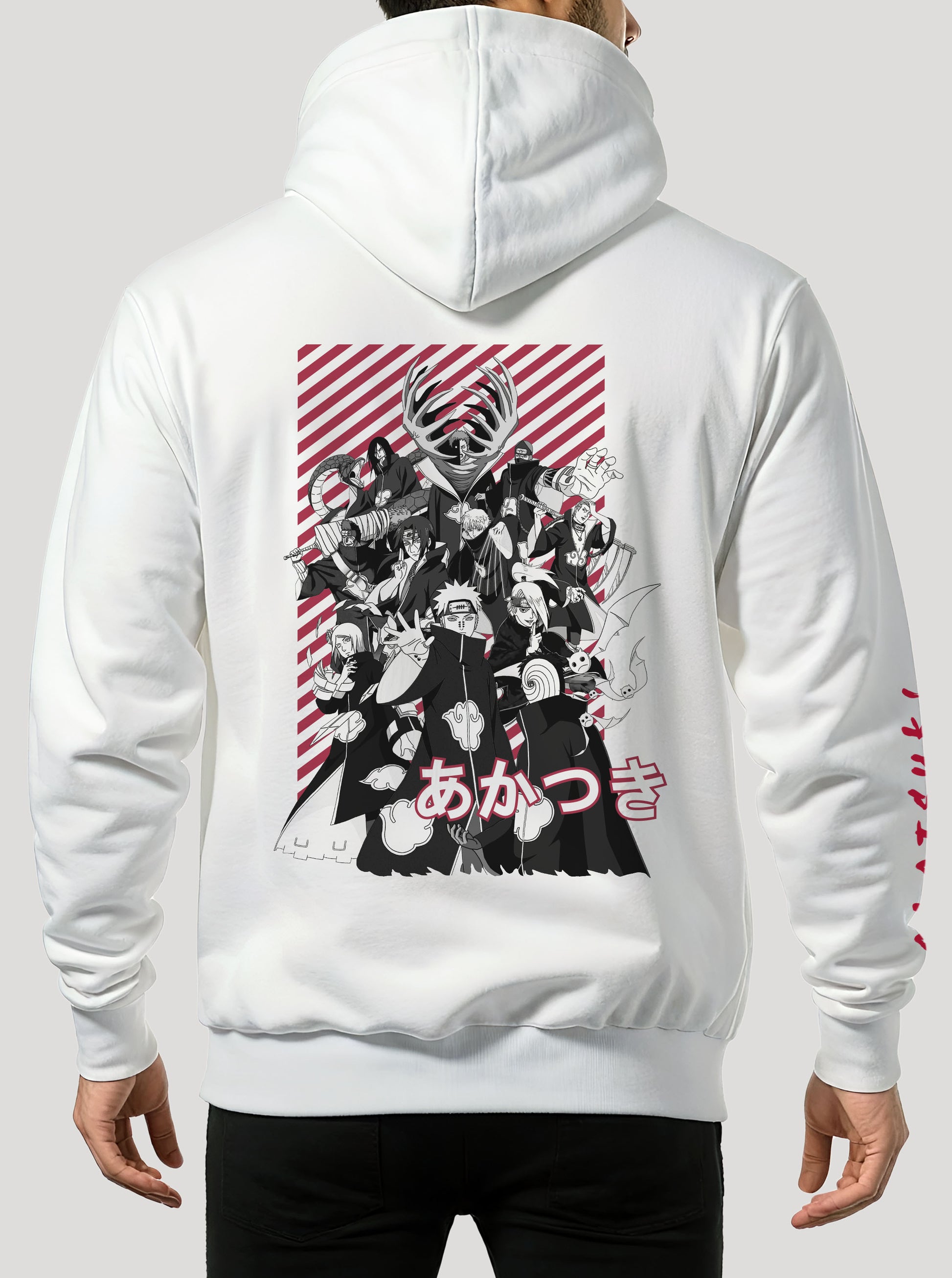 White hoodie featuring the Akatsuki  group from Naruto prints in red and white colours on front and back, made from 100% organic breathable cotton, with an oversized fit when sized up.