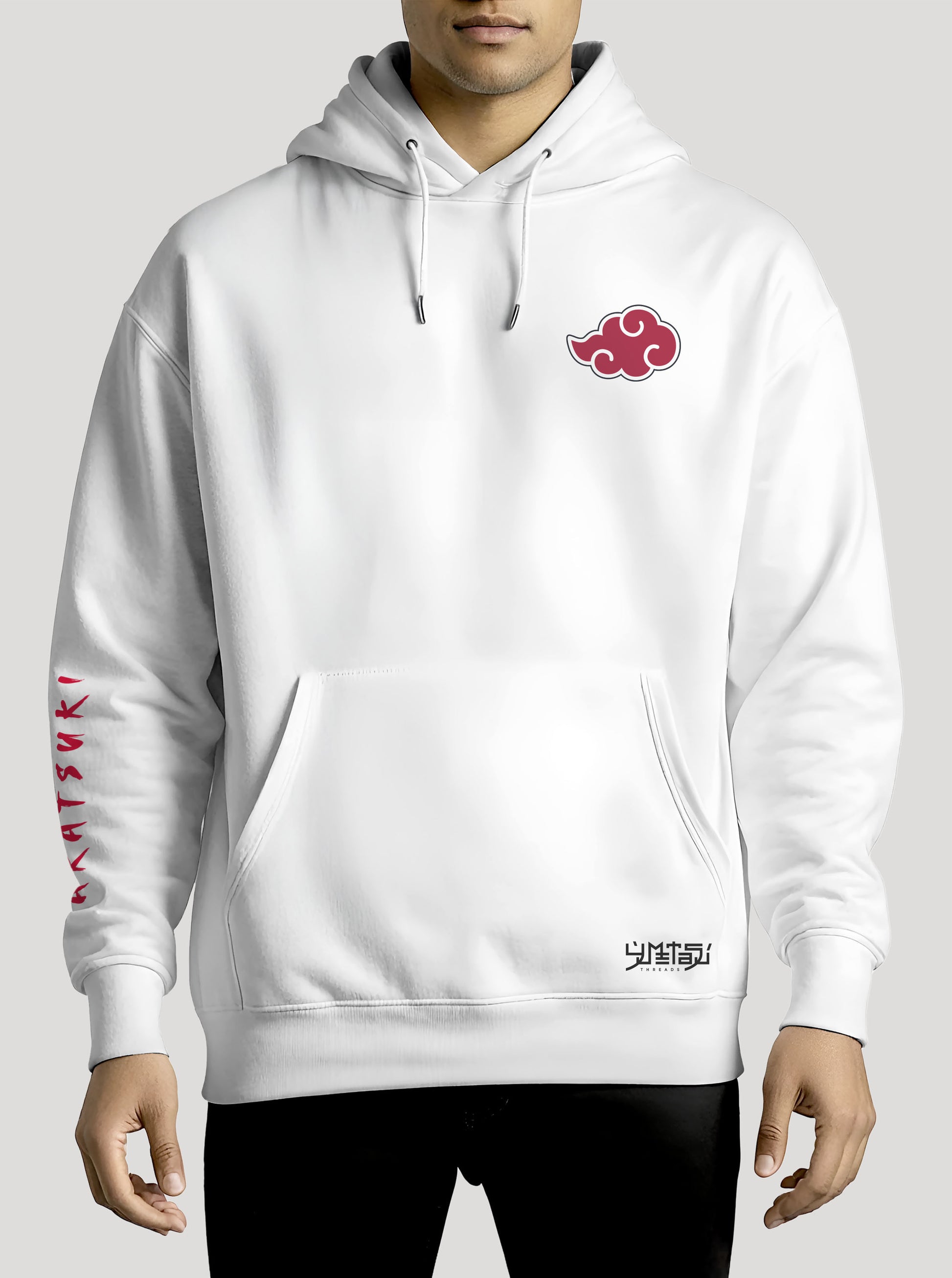 White hoodie featuring the Akatsuki  group from Naruto prints in red and white colours on front and back, made from 100% organic breathable cotton, with an oversized fit when sized up.
