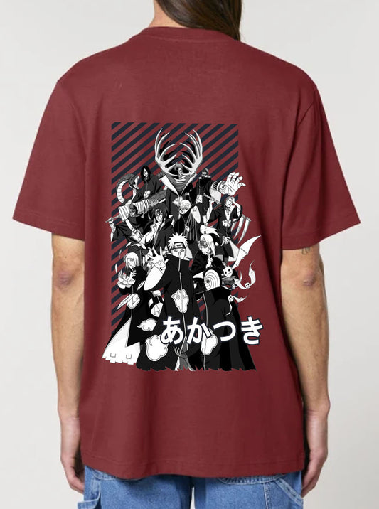 Red t-shirt featuring the Akatsuki  group from Naruto prints in black and white colours on front and back, made from 100% organic breathable cotton, with an oversized fit when sized up.