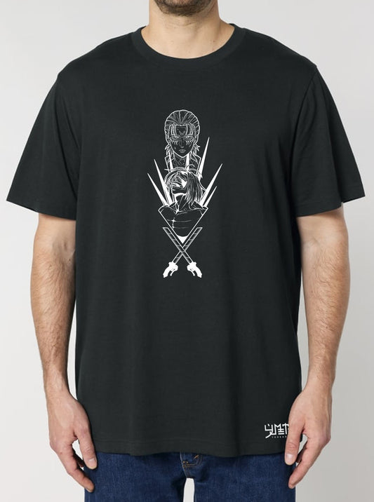 Black t-shirt featuring Eren and the Attack Titan prints in white on front and back, made from 100% organic breathable cotton, with an oversized fit when sized up.