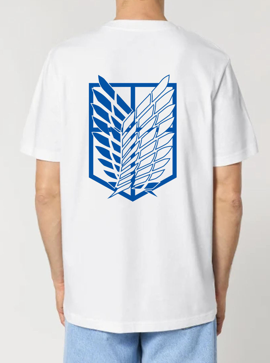 White t-shirt featuring Eren and the Attack Titan prints in blue on front and back, made from 100% organic breathable cotton, with a oversized fit when sized up.