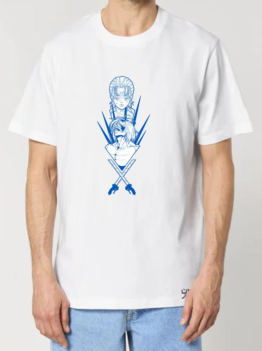 White t-shirt featuring Eren and the Attack Titan prints in blue on front and back, made from 100% organic breathable cotton, with an oversized fit when sized up.