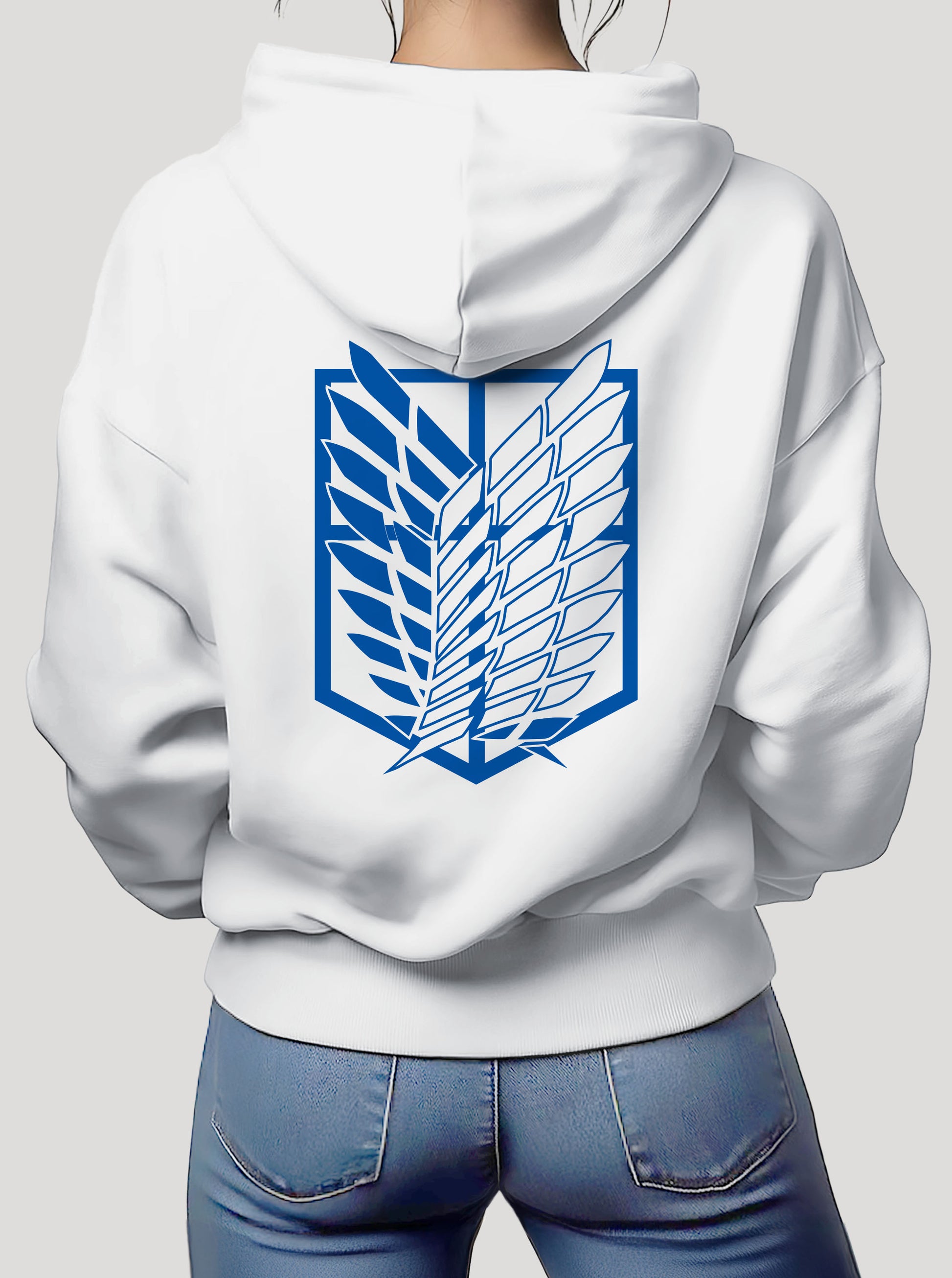 White hoodie featuring Eren and the Attack Titan prints in blue on front and back, made from 100% organic breathable cotton, with an oversized fit when sized up.