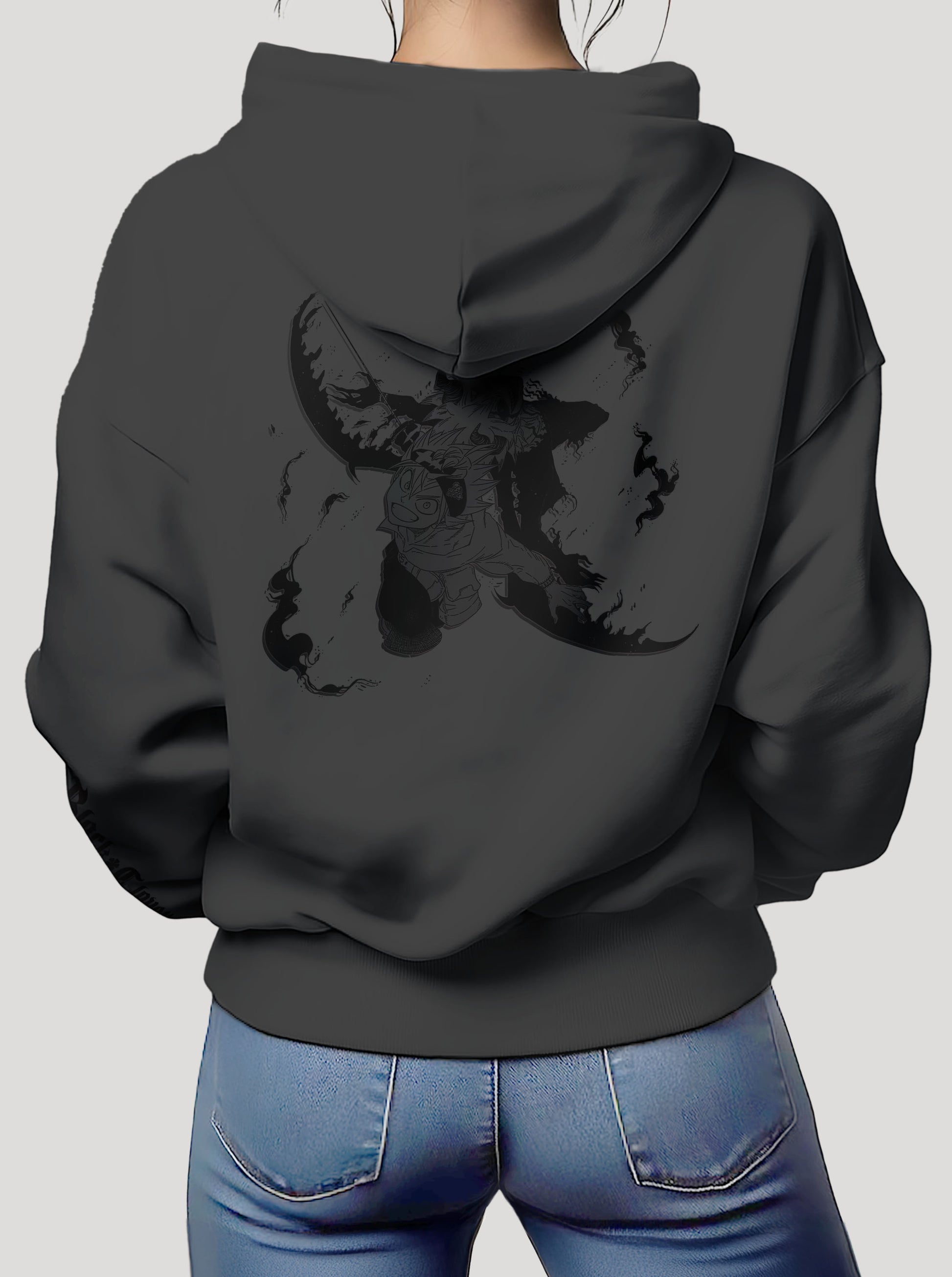 Dark grey hoodie featuring Asta the anime character prints in black and grey on front and back, made from 100% organic breathable cotton, with an oversized fit when sized up.
