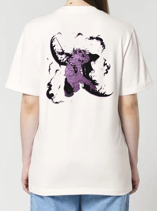 Off White t-shirt featuring Asta the anime character prints in black and purple on front and back, made from 100% organic breathable cotton, with an oversized fit when sized up.