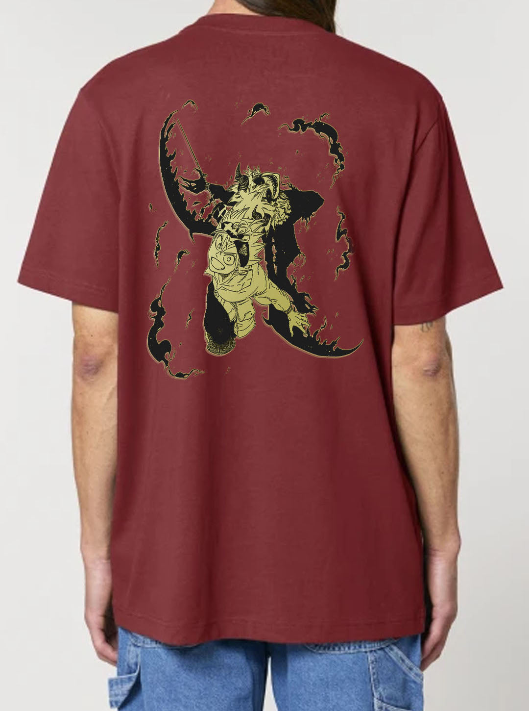 Red Earth t-shirt featuring Asta the anime character prints in black and yellow on front and back, made from 100% organic breathable cotton, with an oversized fit when sized up.