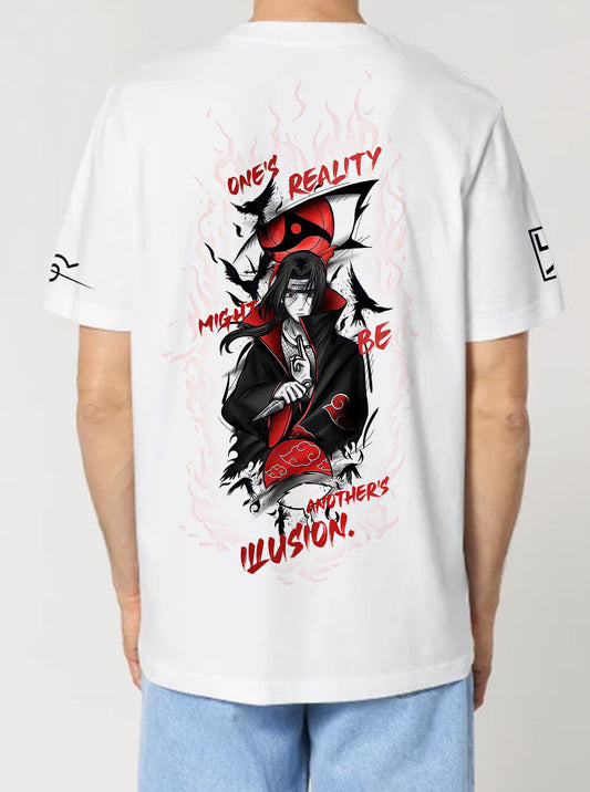 White t-shirt featuring Itachi prints in red and black on front and back, made from 100% organic breathable cotton, with an oversized fit when sized up.