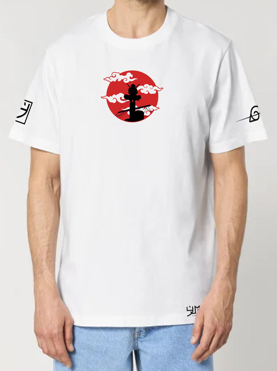 White t-shirt featuring Itachi prints in red and black on front and back, made from 100% organic breathable cotton, with an oversized fit when sized up.