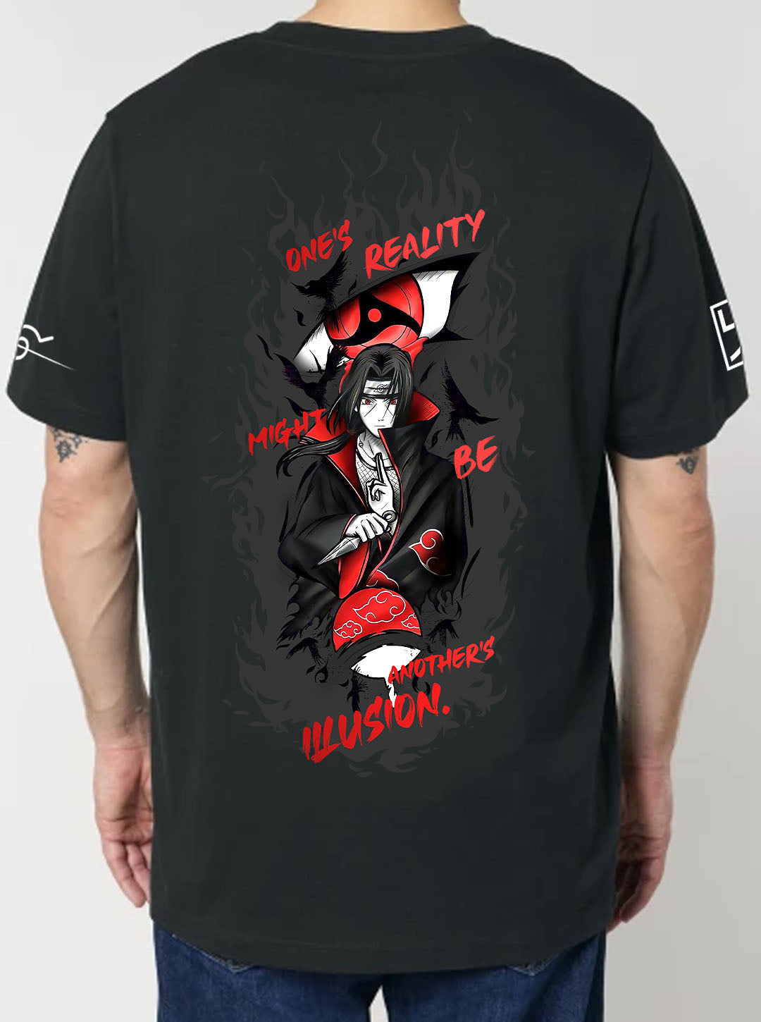 Black t-shirt featuring Itachi prints in red and black on front and back, made from 100% organic breathable cotton, with an oversized fit when sized up.