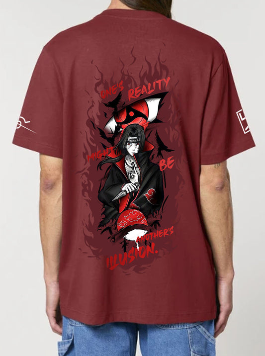 Red Earth t-shirt featuring Itachi prints in red and black on front and back, made from 100% organic breathable cotton, with an oversized fit when sized up.