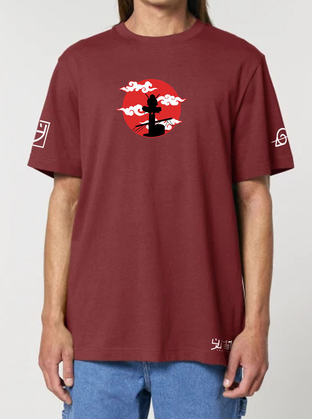 Red Earth t-shirt featuring Itachi prints in red and black on front and back, made from 100% organic breathable cotton, with an oversized fit when sized up.