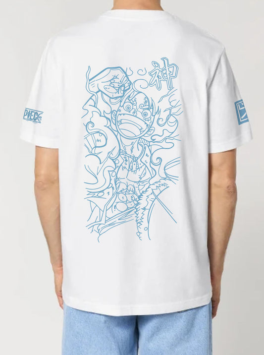 White t-shirt featuring Luffy in Gear 5 prints in azure blue on front and back, made from 100% organic breathable cotton, with an oversized fit when sized up.